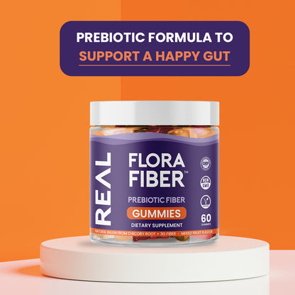 Real Flora Fiber | Prebiotic Fiber Gummies with Chicory Root Inulin Fiber for Digestive Health, Better Poops, Constipation & Bulkier Stools | 60 Gummies | Mixed Berry Flavor