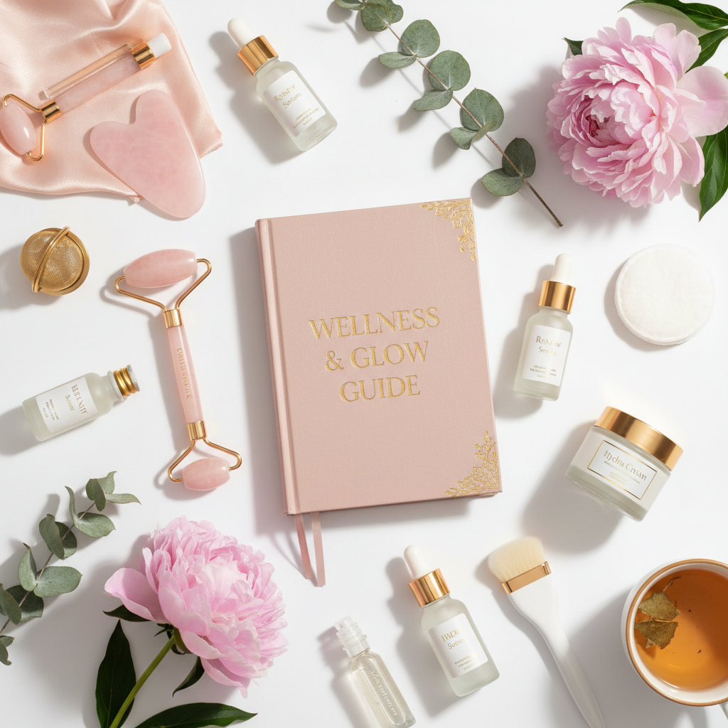Health and beauty lifestyle guide cover with wellness products