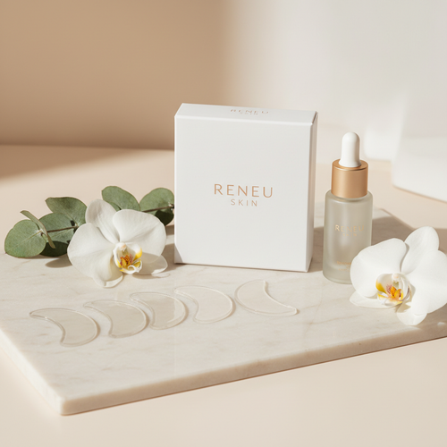 Anti-wrinkle forehead patches displayed with clean beauty skincare props